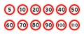 Speed limit 5, 10, 20, 30, 40, 50, 60, 70, 80, 90, 100, 110 round road traffic icon sign flat style design vector Royalty Free Stock Photo
