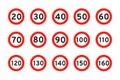 Speed limit 120, 110, 20, 30, 40, 50, 60, 70, 80, 90, 100, round road traffic icon sign flat style design vector Royalty Free Stock Photo