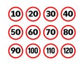 Speed limit sign icons. Traffic pictogram 20 30 km road speed limit sign.