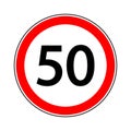 50 speed limit sign. 50 km speed limit for car. Road sign with restriction of fifty kmh. Icon for traffic on city or highway.