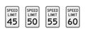 Speed limit traffic signs from 45 to 60 miles per hour. Set of vector graphic elements for production, design, information