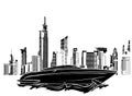 Black silhouette speed luxury boat on city background vector illustration