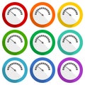 Speed meter, fast indicator vector icons, set of colorful flat design buttons for webdesign and mobile applications Royalty Free Stock Photo