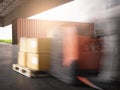 Speed motion blur of worker driving forklift pallet jack loading package boxes on pallet. Shipment, Delivery sevice.