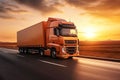 Speed motion of semi trailer truck driving on the road with the sunset. Commercial truck, express delivery transit. Shipping Royalty Free Stock Photo