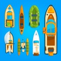 Speed motor boat, sea ship, yacht and other marine transport. Vector pictures set top view Royalty Free Stock Photo