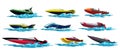 Speed motorboats. Sea or river vehicles. Nautical collection of summer transportation. Motorized water vessel with water