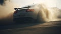 speed and power of a sports car racing on a track from a unique perspective smoke during a thrilling drift, Generative AI Royalty Free Stock Photo