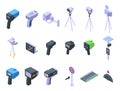 Speed radar icons set isometric vector. Alert camera