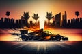 speed on road city vehicle and sunset double exposure racing car