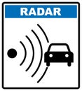 Speed road radar icon. Notice traffic symbol in blue circle isolated on white with text.