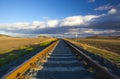 Speed. Single railway track at sunset, Czech Republic.