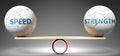 Speed and strength in balance - pictured as balanced balls on scale that symbolize harmony and equity between Speed and strength