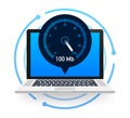 Speed test on laptop. Speedometer Internet Speed 100 mb. Website speed loading time. Vector illustration.