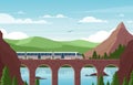 Speed train on stone bridge flat vector illustration. Modern railroad vehicle on scenic background. Beautiful landscape Royalty Free Stock Photo