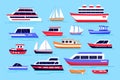 Speed yacht. Marine transport. Cruiser speedboat. Sea boats set. Nautical ship. Sailboat in ocean waves. Motorboat and Royalty Free Stock Photo