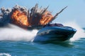 speedboat racing away from explosion on ship Royalty Free Stock Photo