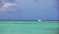 Speedboat sailing in the beautiful tropical ocean, against the blue boundless sky. Royalty Free Stock Photo