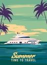 Speedboat Trip poster retro, boat on the ocean, sea. Tropical cruise, sailboat, palms, summertime travel vacation