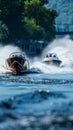 Speedboats race at high velocity, churning the ocean water with powerful, in an intense display of water sportsmanship.