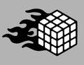 Speedcubing logo Rubik`s cube and a flame of fire Fast 3d puzzle solving sign isolated on grey background