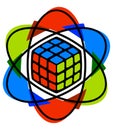 Speedcubing logo Solved rubik`s cube in the center of colourful design2