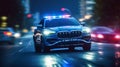 speeding American Police Car with Blue and red lights.motion blur, Royalty Free Stock Photo