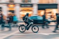 Speeding Through the City: Urban Cyclist on Electric Bike Amidst Rush Hour Royalty Free Stock Photo