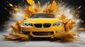 Speeding A Colorful Luxury Yellow Car Disintegrating With Exploding Dust on Blurry Background Royalty Free Stock Photo