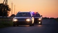 Speeding Driver Gets Pulled Over By Police Patrolling Car . Wide Shot of the Two Cars Stopped in a Royalty Free Stock Photo