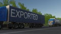 Speeding freight semi truck with EXPORTED caption on the trailer. Road cargo transportation. 3D rendering