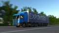 Speeding freight semi truck with EXPORTED caption on the trailer