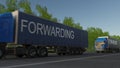 Speeding freight semi truck with FORWARDING caption on the trailer. Road cargo transportation. 3D rendering