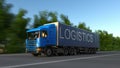 Speeding freight semi truck with LOGISTICS caption on the trailer. Road cargo transportation. 3D rendering Royalty Free Stock Photo