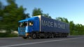 Speeding freight semi truck with MADE IN CHILE caption on the trailer. Road cargo transportation. 3D rendering