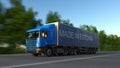 Speeding freight semi truck with MADE IN ESTONIA caption on the trailer. Road cargo transportation. 3D rendering