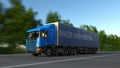 Speeding freight semi truck with MADE IN PAKISTAN caption on the trailer. Road cargo transportation. 3D rendering