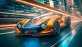 Speeding futuristic sports car on the city streets.AI generated Royalty Free Stock Photo