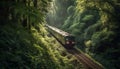 Speeding locomotive on blurred railroad track through forest landscape generated by AI Royalty Free Stock Photo