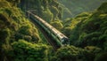 Speeding locomotive through forest on railroad track, nature transportation adventure generated by AI Royalty Free Stock Photo