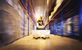 Speeding Motion Blur of Electric Forklift Pallet Jack Unloading Cargo in The Warehouse. Storage Warehouse Shipment Boxes. Royalty Free Stock Photo