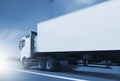 Speeding Motion of Semi Trailer Truck Driving on Highway Road. Industry Cargo Freight Truck. Logistics and Cargo Transport Concept Royalty Free Stock Photo