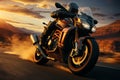 Speeding motorcyclist on an open highway during a vibrant sunrise