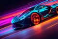 Speeding of a neon supercar on a night road. 3d illustration. Generative AI