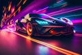 Speeding of a neon supercar on a night road. 3d illustration. Generative AI