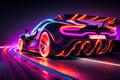 Speeding of a neon supercar on a night road. 3d illustration. Generative AI