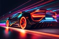 Speeding of a neon supercar on a night road. 3d illustration. Generative AI