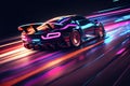 Speeding of a neon supercar on a night road. 3d illustration. Generative AI
