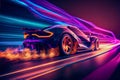 Speeding of a neon supercar on a night road. 3d illustration. Generative AI