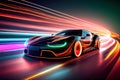 Speeding of a neon supercar on a night road. 3d illustration. Generative AI